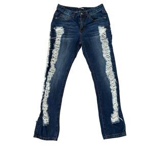 Fashion Nova Distressed Dark Wash Jeans Straight Leg Destroyed Sz 3
